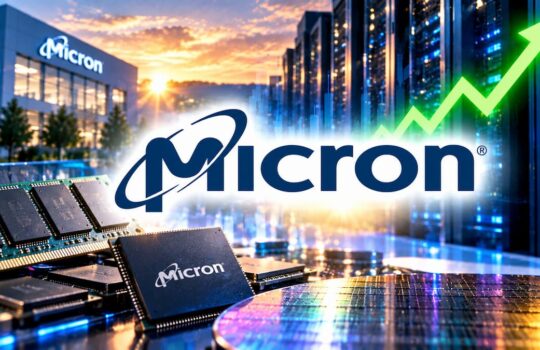 Micron logo over memory chips and a data center, with a bright rising green arrow symbolizing growth.