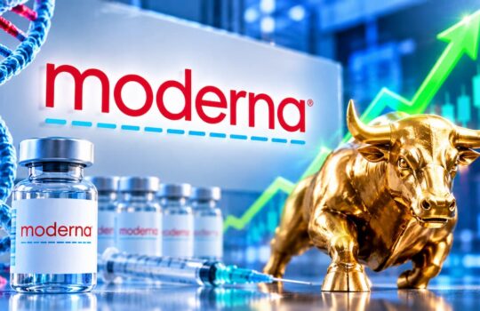 Moderna branding with vaccine vials, DNA strand, and a gold bull beside a rising stock chart, symbolizing growth in biotech investment.