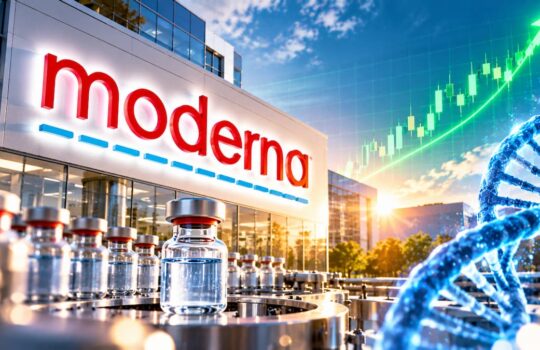 Moderna sign on a biotech building with vaccine vials on a production line, a glowing DNA strand, and a rising chart arrow in the background.