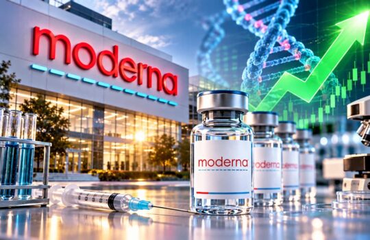 Moderna vaccine vials on a lab bench outside a Moderna building with a syringe in foreground.