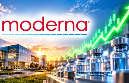 Moderna logo beside a biotech facility with vaccine vials and a green rising stock chart in the background.