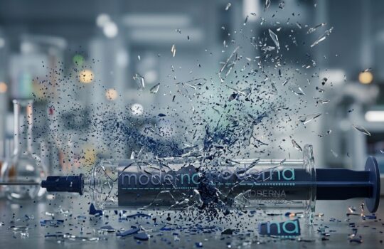 Shattered syringe with blue plunger on a lab bench, glass fragments flying around.