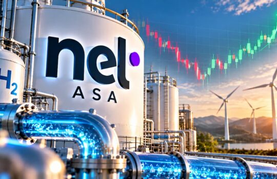 Nel ASA hydrogen plant with blue-lit pipes and storage tanks, wind turbines in the background, and a rising stock chart.