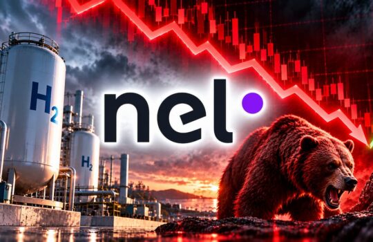 Nel branding over a hydrogen production plant (H2 tanks) at sunset, with a roaring bear and a red downward stock trend line symbolizing market volatility in energy.