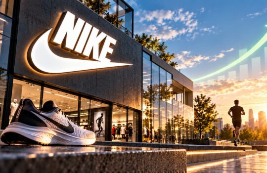 Nike store at sunset with a sneaker in the foreground and a runner along a reflective plaza, city skyline in the background
