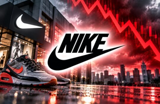 Nike sneakers on a wet street with a glowing Nike logo and a red downward stock chart in a cityscape background