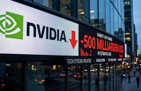 NVIDIA logo with red downward arrow and a ticker reading -500 billion USD in losses outside a modern building.