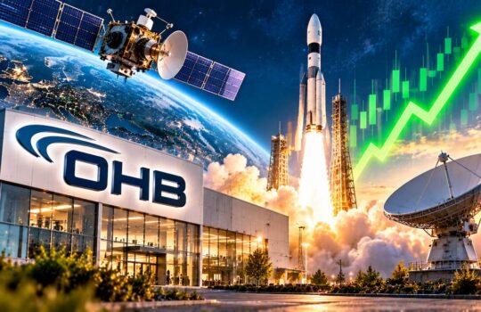 OHB building with a rocket launch backdrop, satellite in orbit, and a bright green upward growth arrow overlaying the scene.