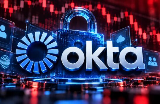 Okta logo with a glowing lock and digital security icons, symbolizing security and identity management.