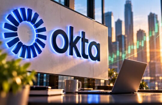 Okta logo on a desk wall with a laptop, mug, and a rising stock chart over a city skyline.