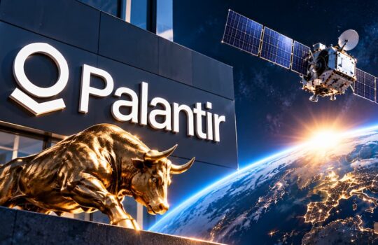 Palantir sign on a building with a shiny golden bull statue outside, a satellite and Earth in the background, at sunrise viewed from space angle.