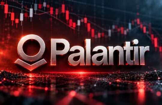 Palantir logo glowing in metallic letters against a red, stock-chart background.