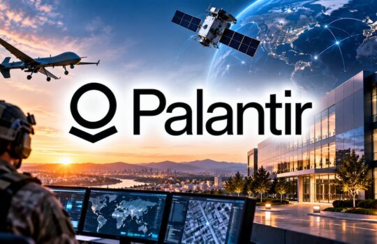 Palantir logo over a high-tech ops scene with satellites, a plane, a control room, and a modern campus.