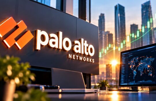 Palo Alto Networks sign on a wall; desk monitor shows a global security dashboard with city skyline at sunset.