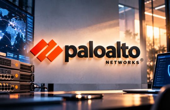 Palo Alto Networks logo on a wall in a tech office, with server racks and a laptop displaying a shield.