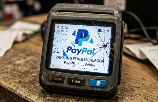 Card reader with a cracked screen showing a PayPal payment failed message on a cluttered counter.