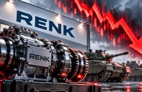 Industrial gearbox with RENK branding and tanks in the background, overlaid by a red descending arrow chart.