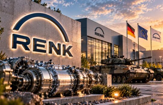 Front of a RENK campus with armored tanks on display and flags (Germany, EU) at sunset.
