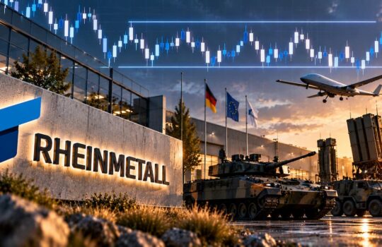 Rheinmetall facility sign with armed vehicles and a plane taking off, set at sunset.