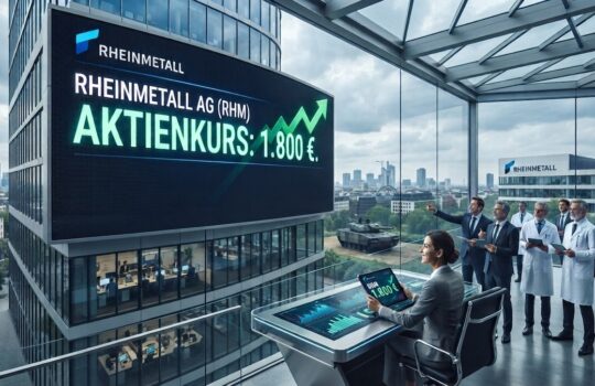 Digital stock board reads 'RHEINMETALL AG (RHM) AKTIENKURS: 1.800 €' in a modern office with a city view.