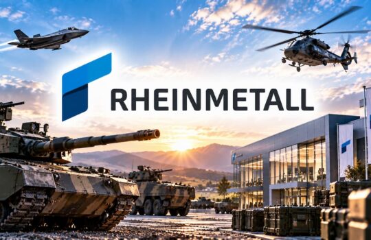 Rheinmetall logo with blue emblem and wordmark above a row of tanks, a helicopter, and a modern glass building on a military campus at sunset.