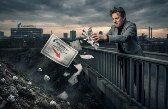 Man in a suit on a bridge flings newspapers into a polluted ravine below, with an industrial city skyline in the distance.
