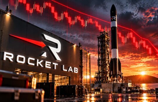 Rocket Lab launch facility at sunset with a rocket on the pad, overlaid by a red downward stock-chart line in the sky.