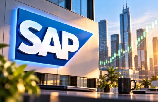 SAP logo on a modern office facade with a city skyline and a rising stock chart in the background.