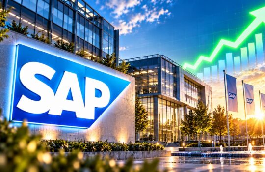 SAP branding on a modern office campus with a large upward-trending chart, symbolizing growth