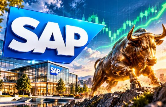 SAP sign on a modern building with a charging bronze bull and a rising green stock chart in the background.