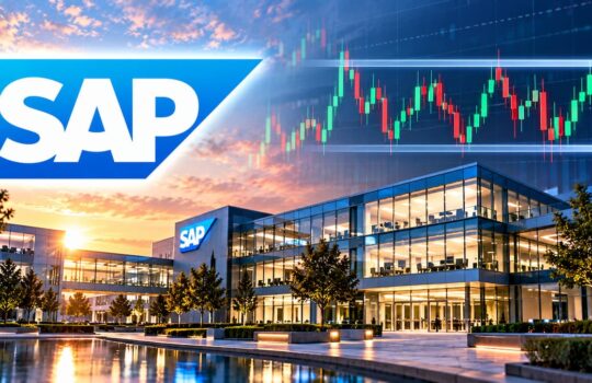 SAP logo over a modern office campus with a sunset sky and a stock chart overlay indicating upward and downward trends.