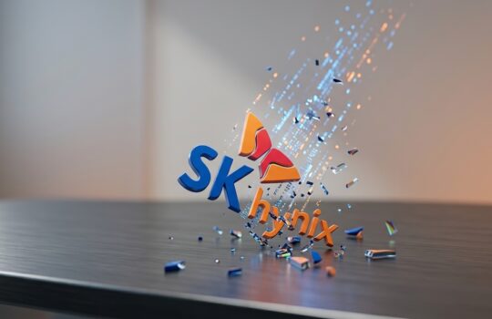 3D SK hynix logo on a wooden table with blue and orange letters and scattered fragments around it