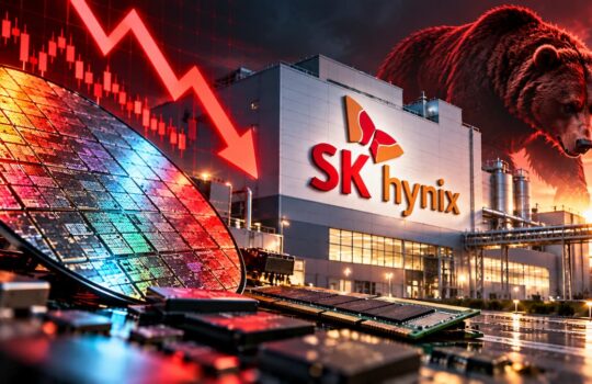 Bear looms over an SK hynix factory as a red stock market spike takes a downward turn, signaling a bear market impact on the company