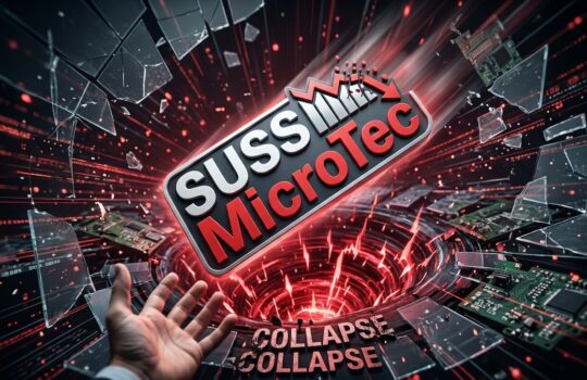 Hand reaching toward a glowing red vortex as shattered screens float around a metallic 'SUS Microtec' logo, with 'collapse' text at the bottom.