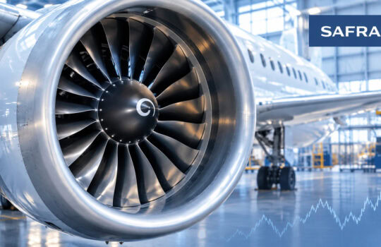 Close-up of a jet engine turbine in a maintenance hangar, with a Safran logo in the top-right and a light blue line chart overlay indicating data/analysis.