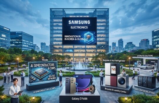 Samsung Electronics expo plaza with a large LED screen and product booths around a central fountain