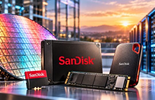 SanDisk storage devices including an SSD, portable drive, RAM module, and a microSD card on a reflective surface with a data-center backdrop at sunset.