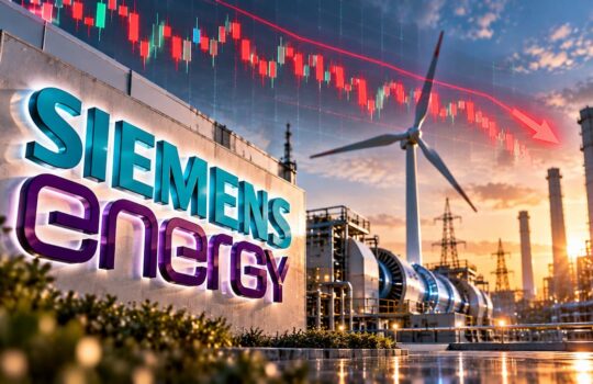 Siemens Energy sign at an industrial plant with a wind turbine and a red downward stock trend arrow over the sky at sunset, showing energy market decline theme.