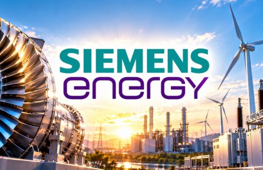 Siemens Energy branding over an industrial power plant with a large turbine and wind turbines at sunset/blue sky.
