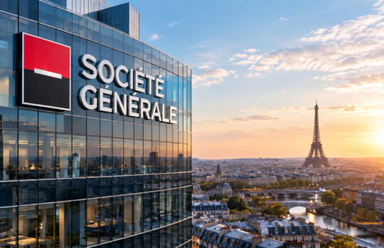 Glass-fronted office building with Société Générale sign; Paris skyline with the Eiffel Tower at sunset.