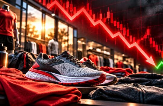Athletic sneakers on a store display with red apparel nearby, overlaid by a red downward market line and a small green uptick in the background.