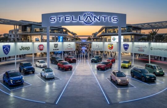 Large outdoor car showroom with a central Stellantis sign and rows of brand-logo panels (Jeep, Fiat, RAM, Citroën) showing various colored cars on illuminated platforms at dusk.