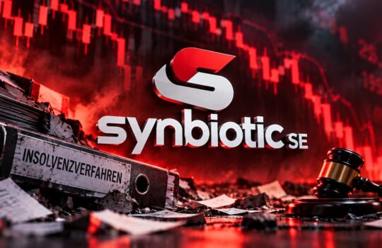 Logo and the word 'Synbiotc SE' with a gavel and 'Insolvenzverfahren' (bankruptcy) papers, set against a red stock-chart backdrop implying financial trouble.