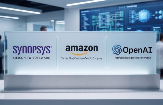 Three company logos—Synopsys, Amazon, and OpenAI—on a frosted glass panel in a high-tech lab.
