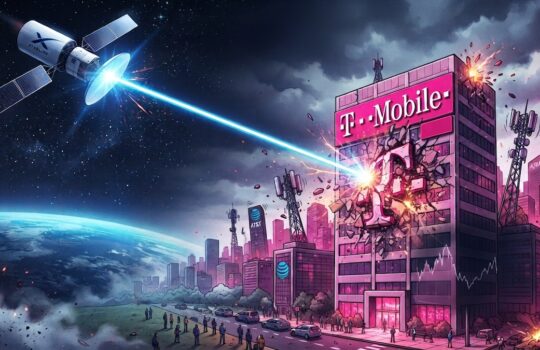 Futuristic satellite fires a bright blue beam at a pink T-Mobile building, causing an explosion in a sci-fi cityscape.