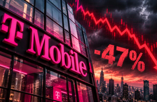 T-Mobile storefront with bright pink sign, overlaid by a red downward stock chart showing -47% against a city skyline.