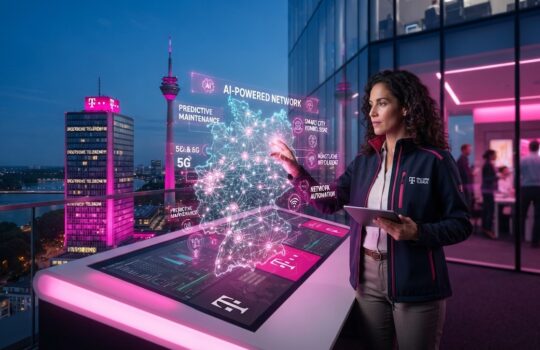 Professional woman in a jacket interacts with a glowing holographic AI network projected over a large touchscreen console in a modern tech lab/office.