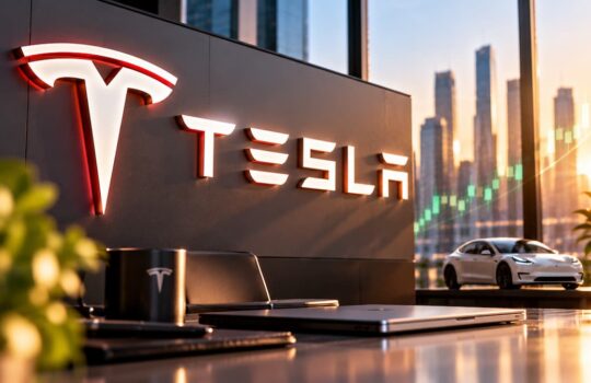 Tesla logo illuminated on a dark wall inside a modern showroom; a white Model S sits near a glass wall with a city skyline at sunset.