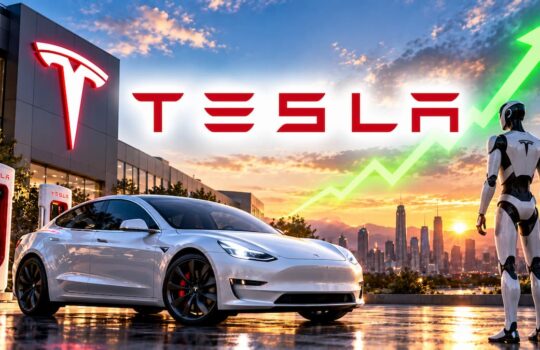 White Tesla sedan at a charging station with a futuristic robot and a rising green arrow over a city skyline at sunset.