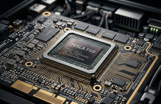 Tesla FSD chip mounted on a circuit board with gold traces and surrounding electronic components inside a computer chassis